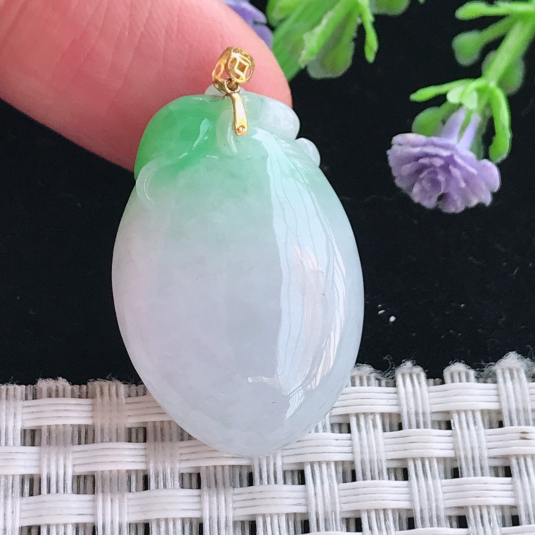 实拍A货翡翠28.8/19.8/8.5老坑18k金镶嵌冰润飘阳绿寿桃吊坠翡翠桃子