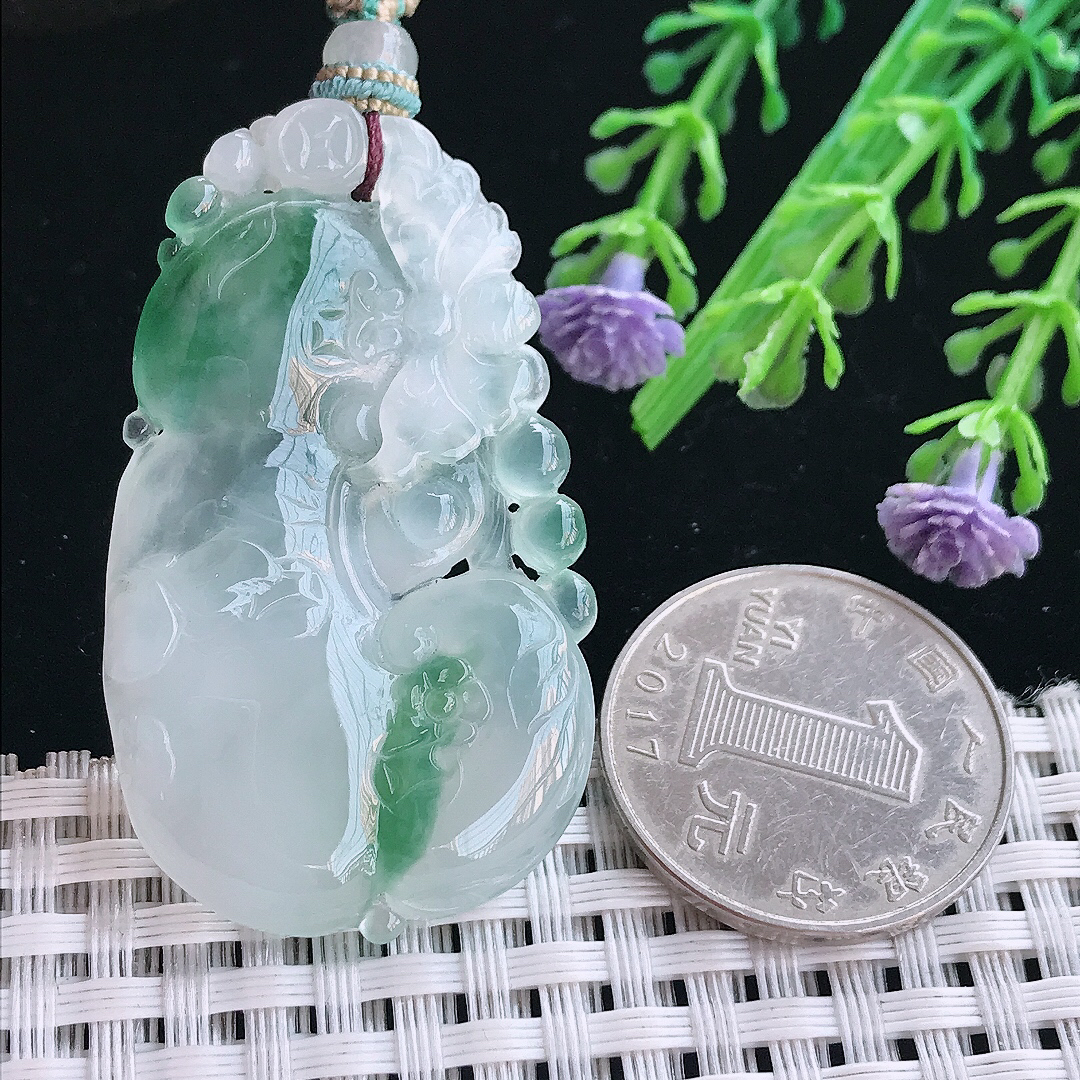 实拍A货翡翠45/28/5.2老坑冰胶果冻冰飘花如意吊坠翡翠挂件