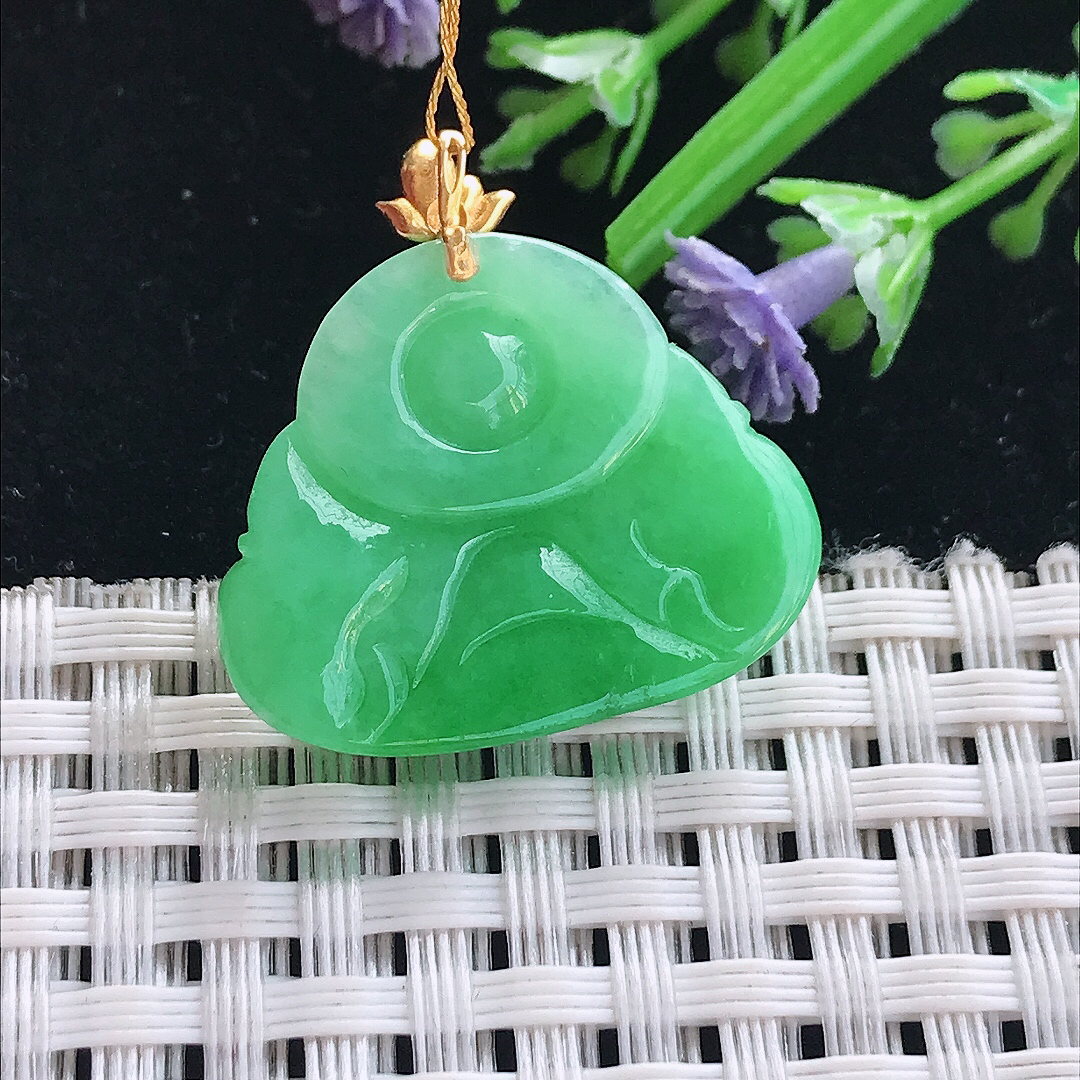 实拍A货翡翠20.8/25.5/6老坑18k金镶嵌满阳绿佛公吊坠翡翠挂件