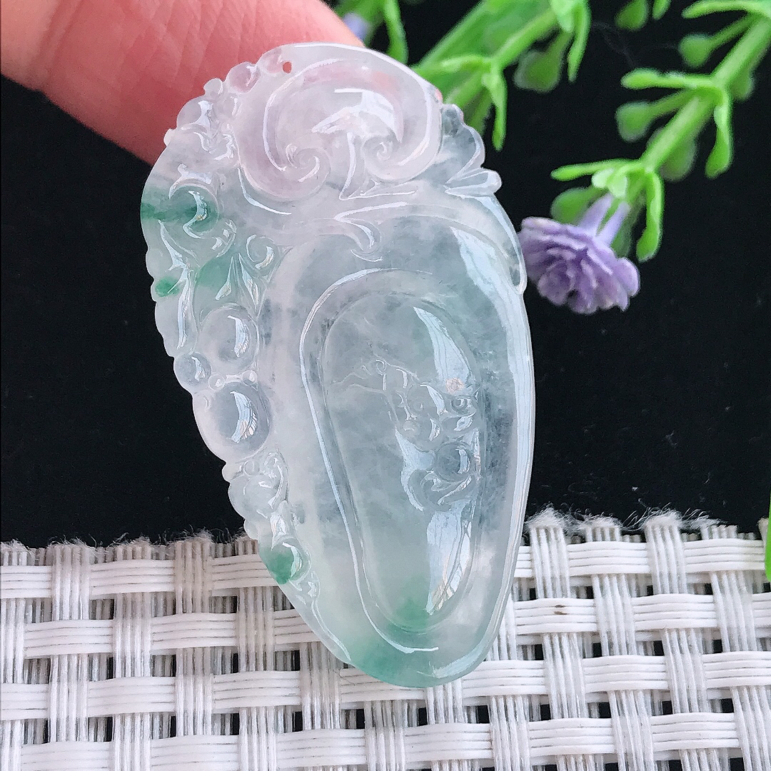 实拍A货翡翠43.3/24.6/5.8老坑冰种冰飘花福瓜吊坠翡翠挂件