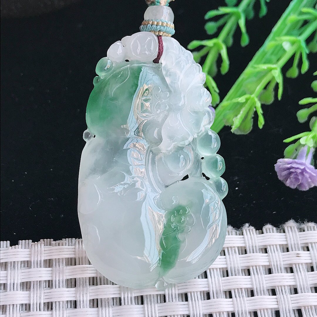 实拍A货翡翠45/28/5.2老坑冰胶果冻冰飘花如意吊坠翡翠挂件
