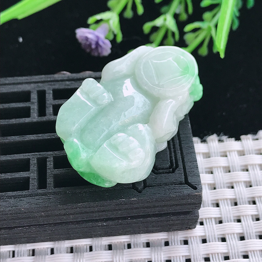 实拍A货翡翠37.2/21.7/12.5老坑温润飘绿貔貅吊坠翡翠挂件