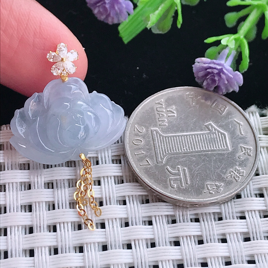 实拍A货翡翠21.7/15/8老坑18k金镶嵌冰润紫罗兰莲花吊坠翡翠挂件