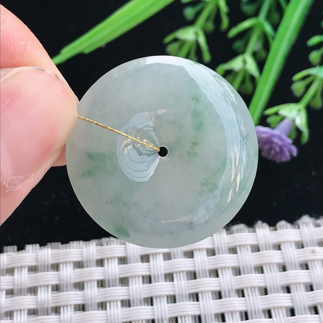 实拍A货翡翠29.5/5.9老坑冰胶飘花平安扣吊坠翡翠玉扣挂件