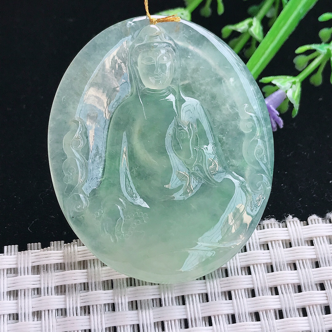 实拍A货翡翠47.5/40/6老坑冰种果冻胶冰晴绿赐福观音吊坠翡翠素衣观音挂件