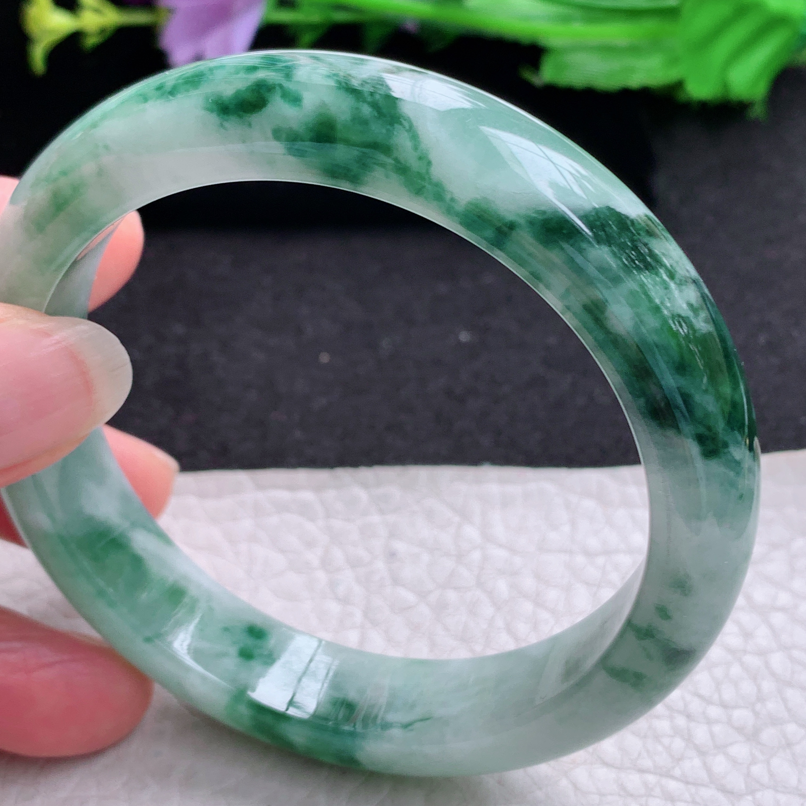 yw 实拍57.5*12.7*8.5平安镯 天然缅甸翡翠A货玉手镯胶感飘花宽边玉手环