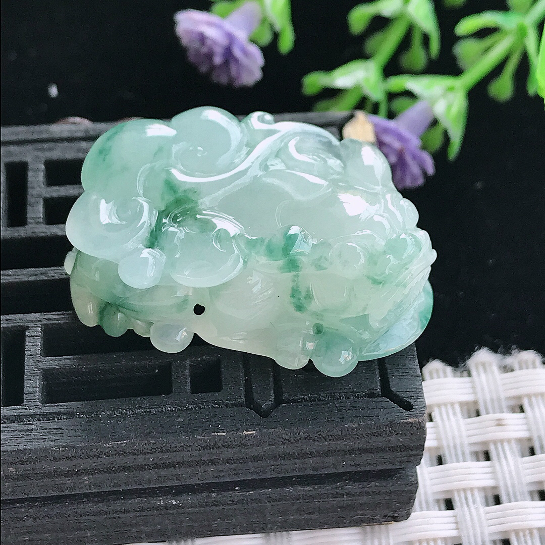 实拍A货翡翠30/18/12.3老坑冰胶水灵飘花貔貅吊坠翡翠挂件