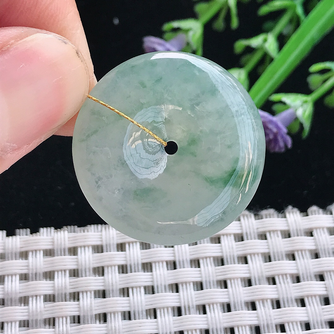 实拍A货翡翠28.2/5.6老坑冰透起胶飘花平安扣吊坠翡翠挂件