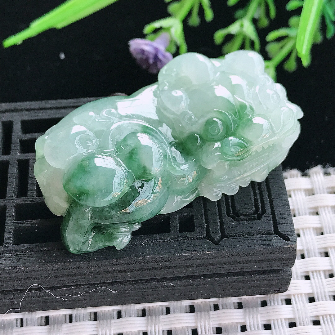 实拍A货翡翠44.5/24.8/12.8老坑冰润起胶冰飘花霸王貔貅吊坠翡翠挂件