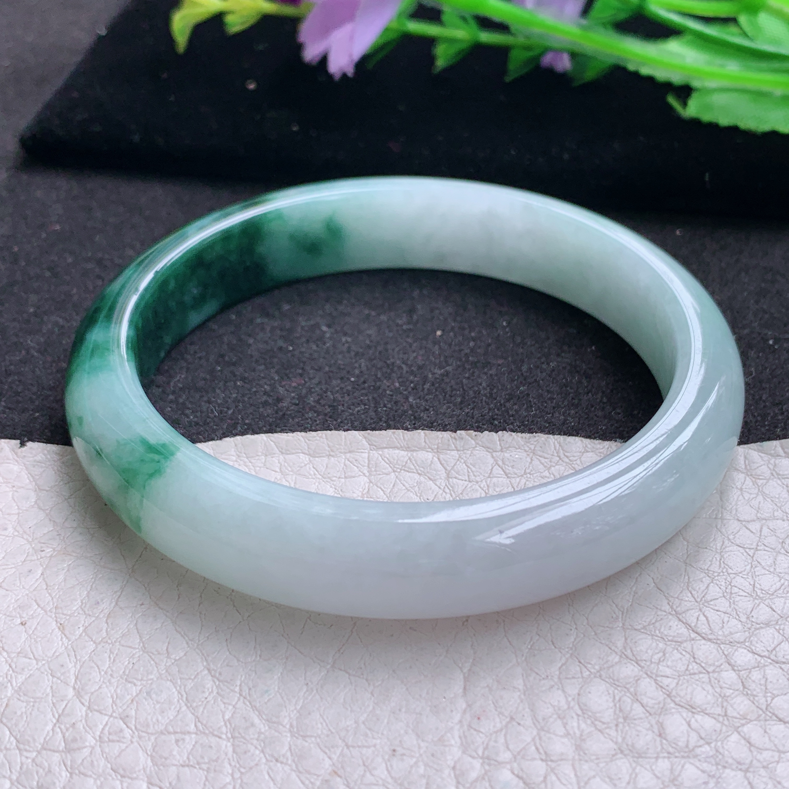 js大圈口60*12*7.8招财镯 天然缅甸翡翠A货玉手镯飘花半山半水宽边玉手环