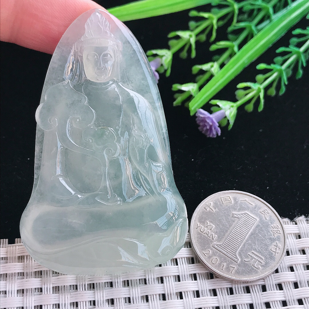 实拍A货翡翠64/40/7.5老坑冰种果冻胶素衣观音吊坠翡翠挂件