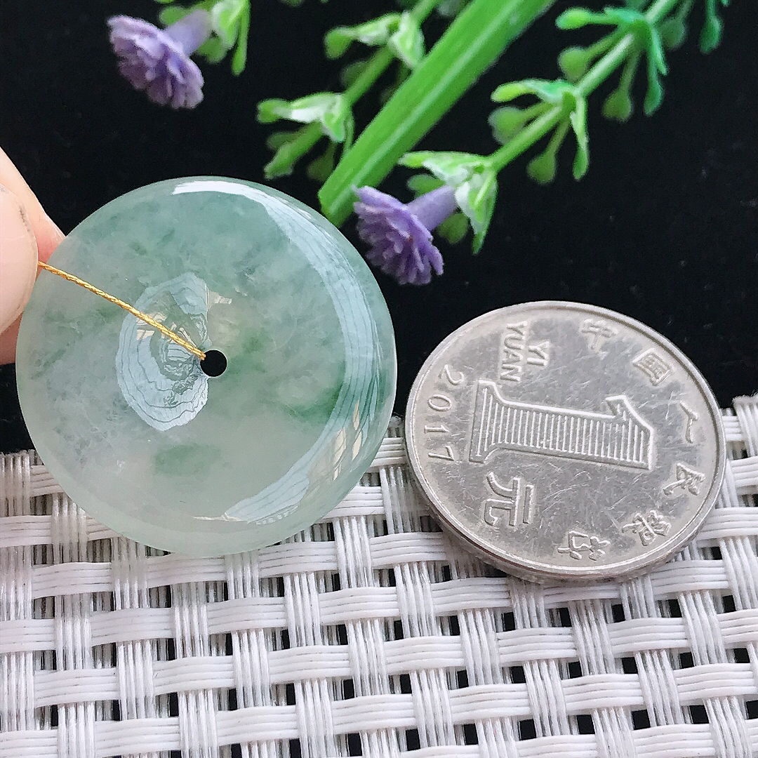 实拍A货翡翠28.2/5.6老坑冰透起胶飘花平安扣吊坠翡翠挂件