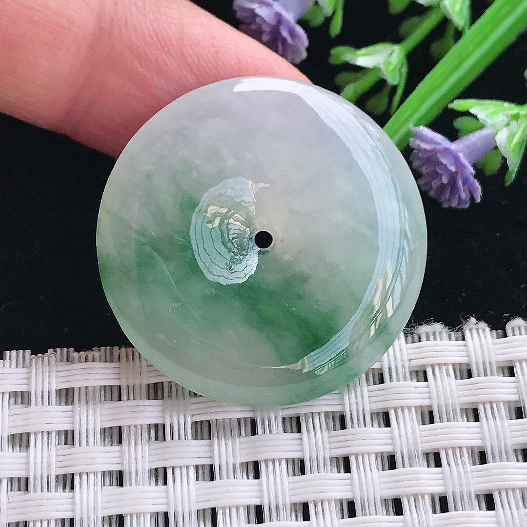 实拍A货翡翠30.6/5.8.老坑冰胶飘花平安扣吊坠翡翠玉扣挂件