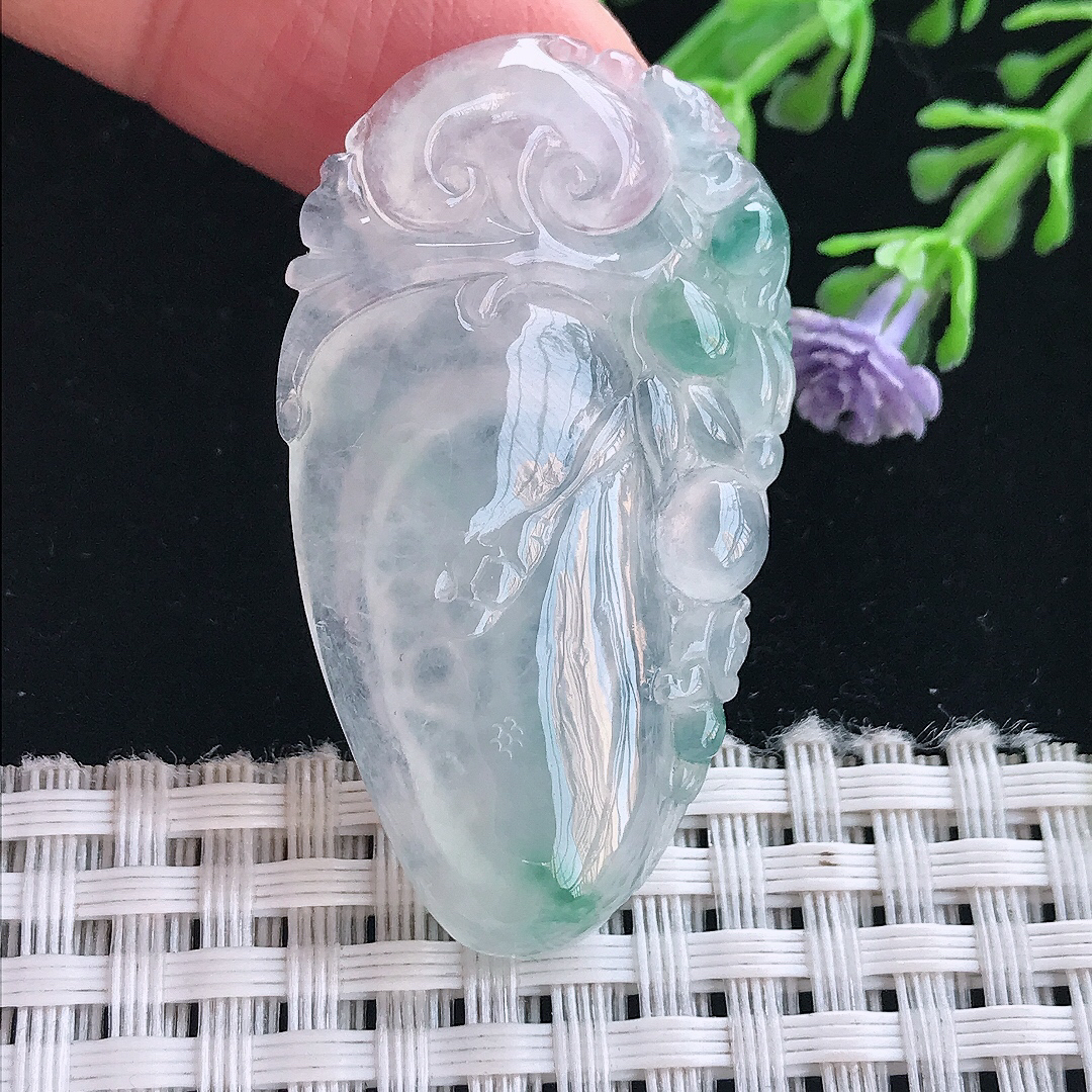 实拍A货翡翠43.3/24.6/5.8老坑冰种冰飘花福瓜吊坠翡翠挂件