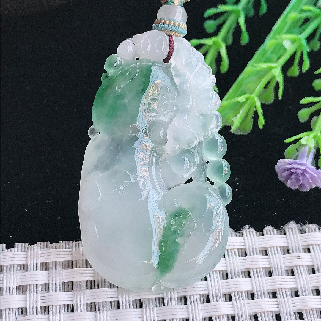 实拍A货翡翠45/28/5.2老坑冰胶果冻冰飘花如意吊坠翡翠挂件