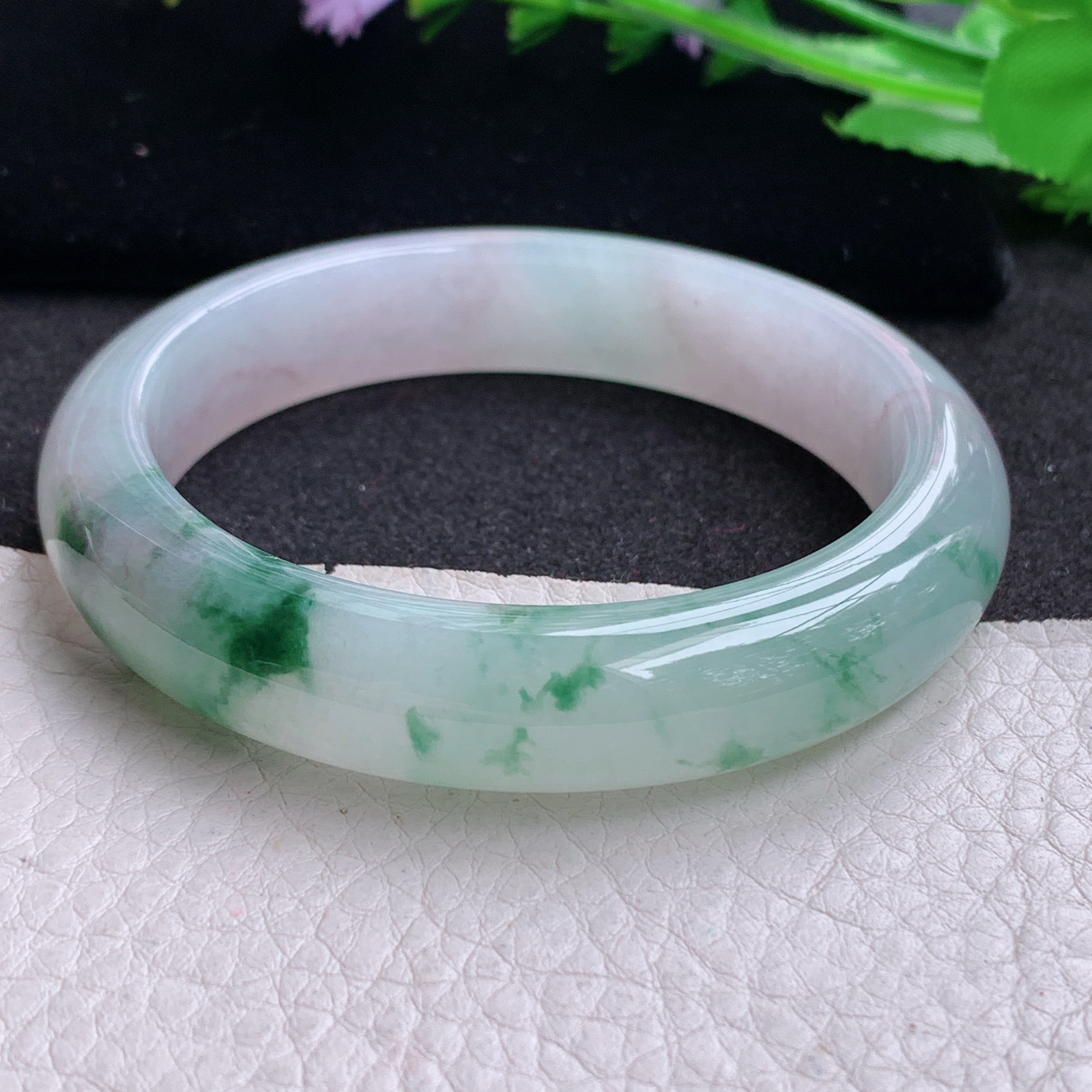 xo实拍56*12.5*8.3平安镯 天然缅甸翡翠A货玉手镯冰飘花宽边玉手环