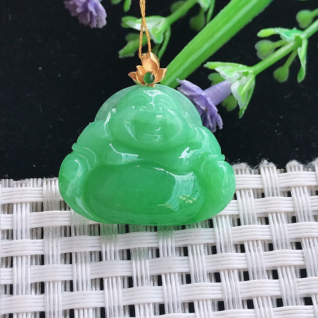 实拍A货翡翠20.8/25.5/6老坑18k金镶嵌满阳绿佛公吊坠翡翠挂件