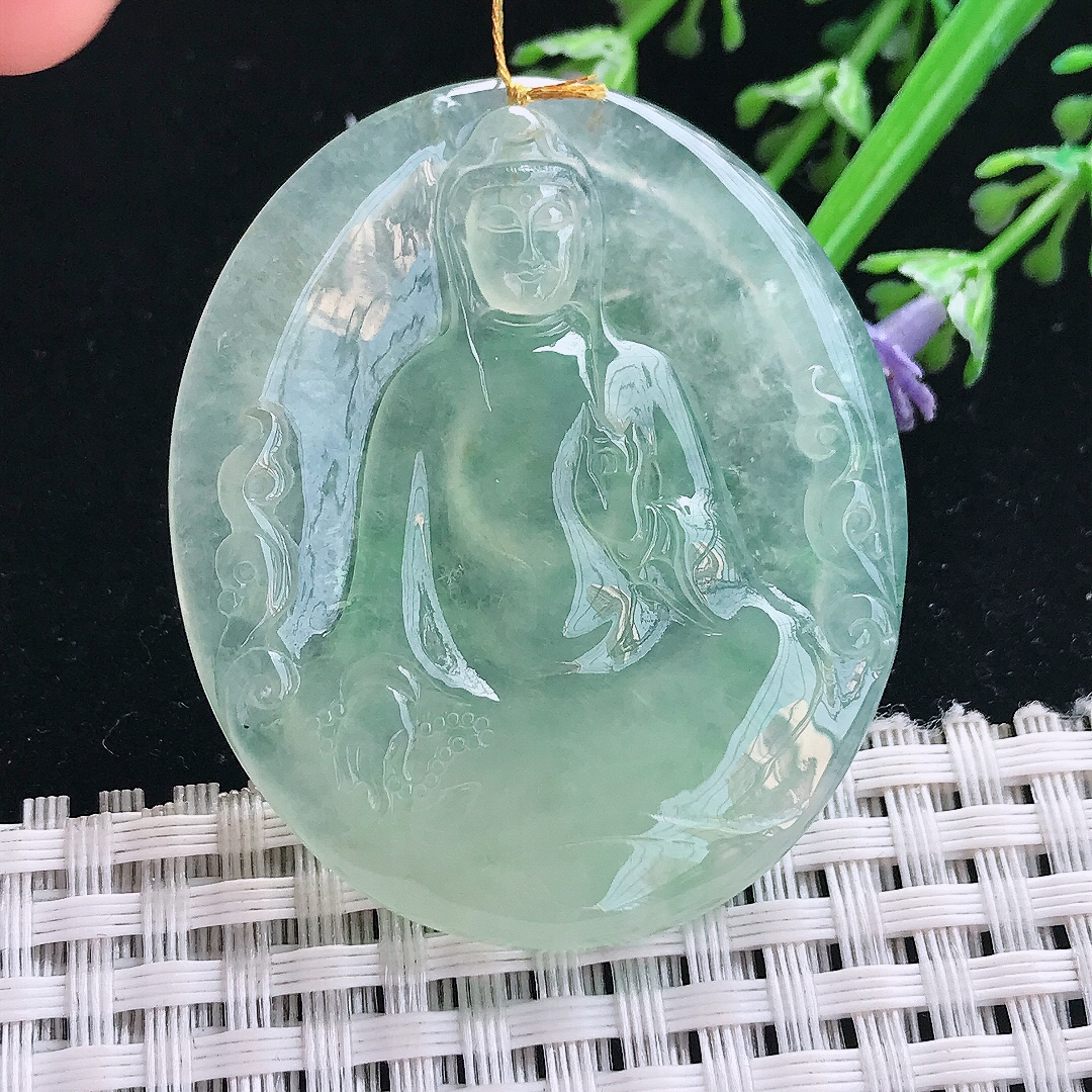 实拍A货翡翠47.5/40/6老坑冰种果冻胶冰晴绿赐福观音吊坠翡翠素衣观音挂件