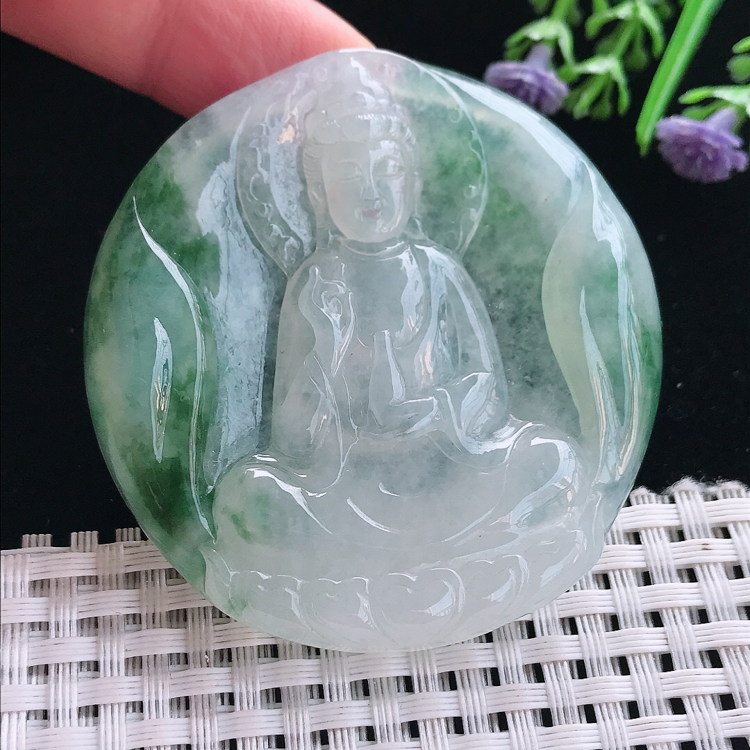 实拍A货翡翠56.3/7.6老坑冰胶果冻飘花素衣观音吊坠翡翠圆牌挂件