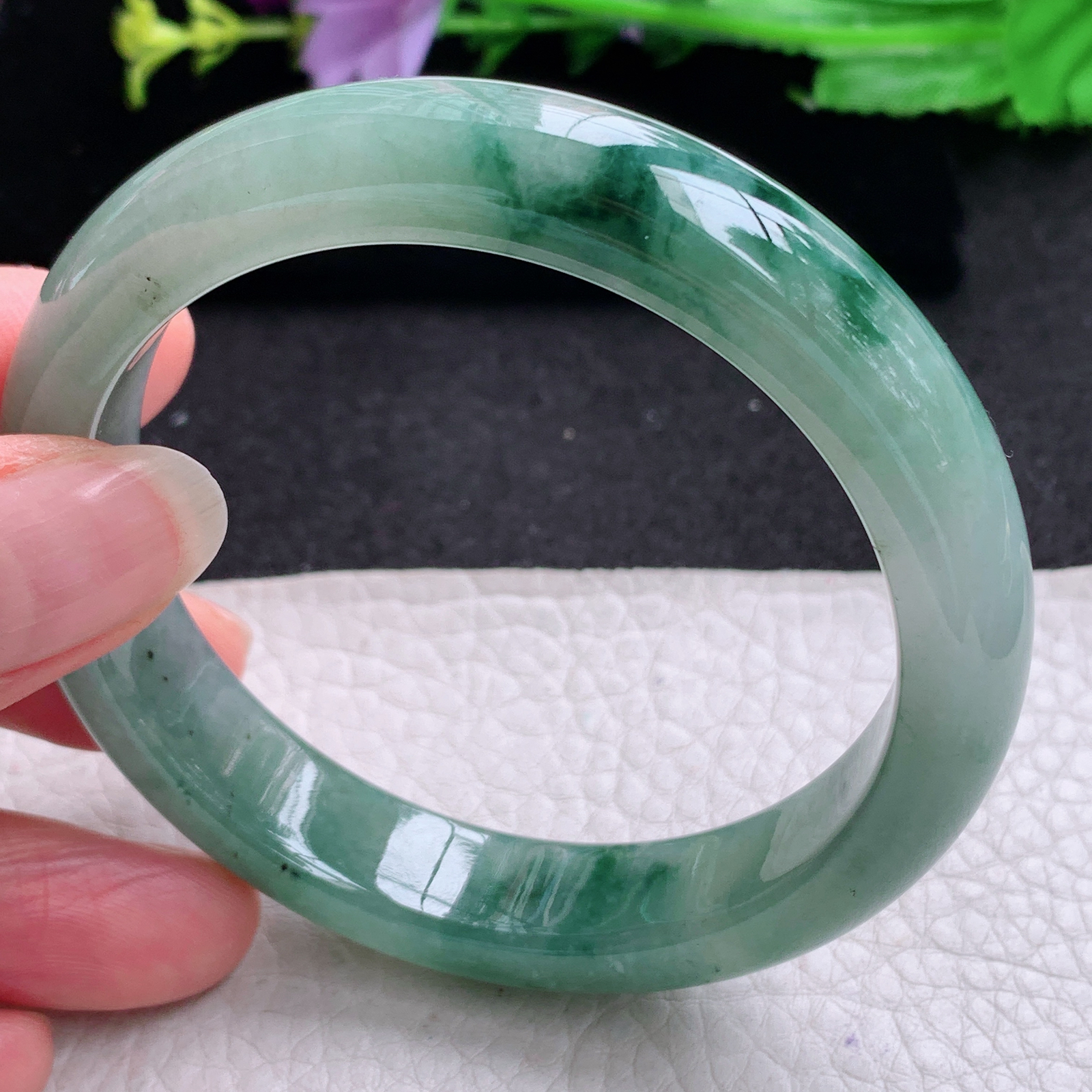 ss实拍57*12*8平安镯 天然缅甸翡翠A货玉手镯胶感飘花宽边玉手环
