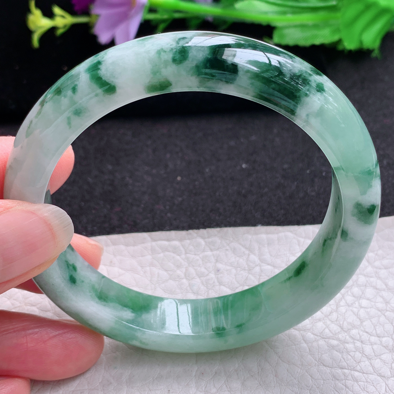 yw 实拍57.5*12.7*8.5平安镯 天然缅甸翡翠A货玉手镯胶感飘花宽边玉手环