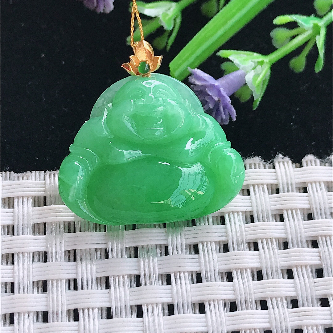 实拍A货翡翠20.8/25.5/6老坑18k金镶嵌满阳绿佛公吊坠翡翠挂件