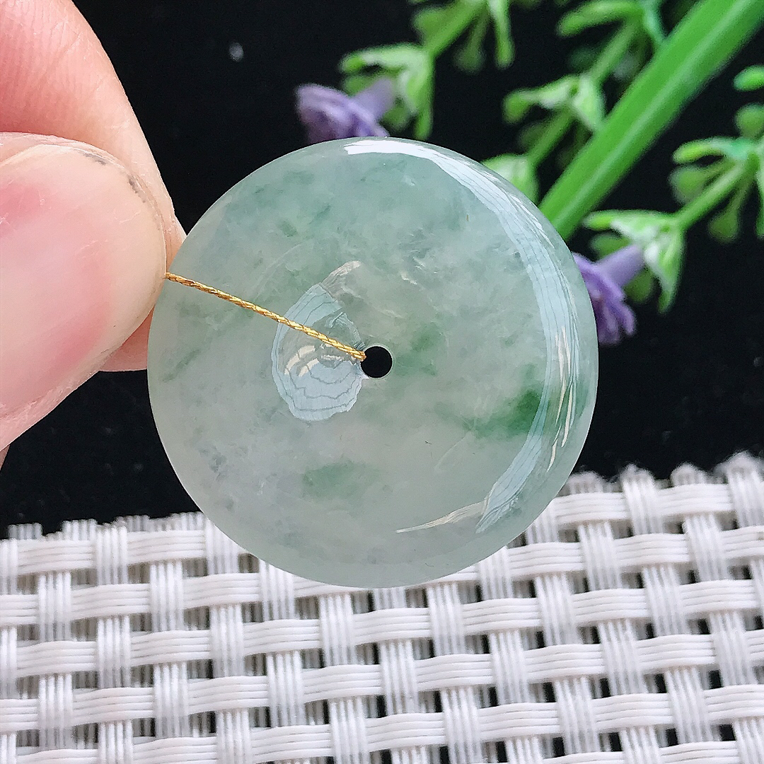 实拍A货翡翠28.2/5.6老坑冰透起胶飘花平安扣吊坠翡翠挂件