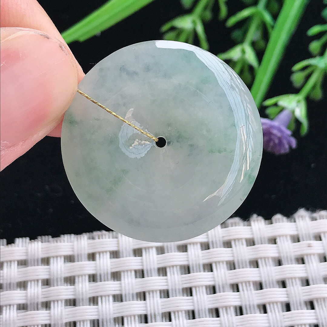 实拍A货翡翠29.5/5.9老坑冰胶飘花平安扣吊坠翡翠玉扣挂件