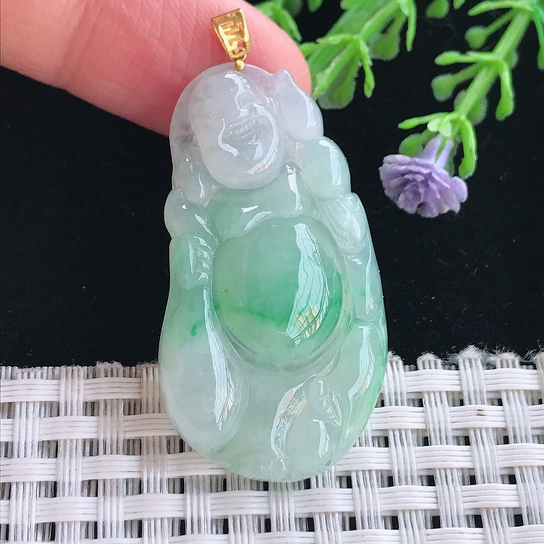 实拍A货翡翠42/23/5.5老坑18k金镶嵌飘绿布袋佛吊坠翡翠玉佛挂件
