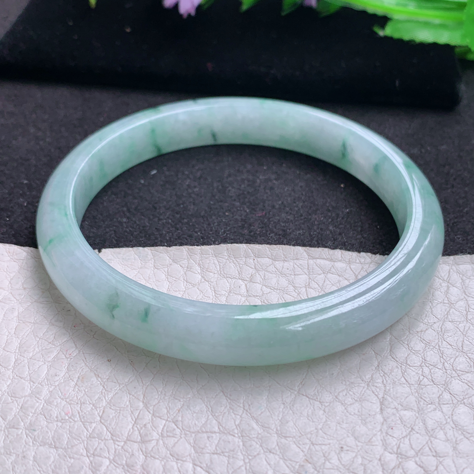 ee大圈口60*9.6*7平安镯 天然缅甸翡翠A货玉手镯细宽胶感飘花玉手环