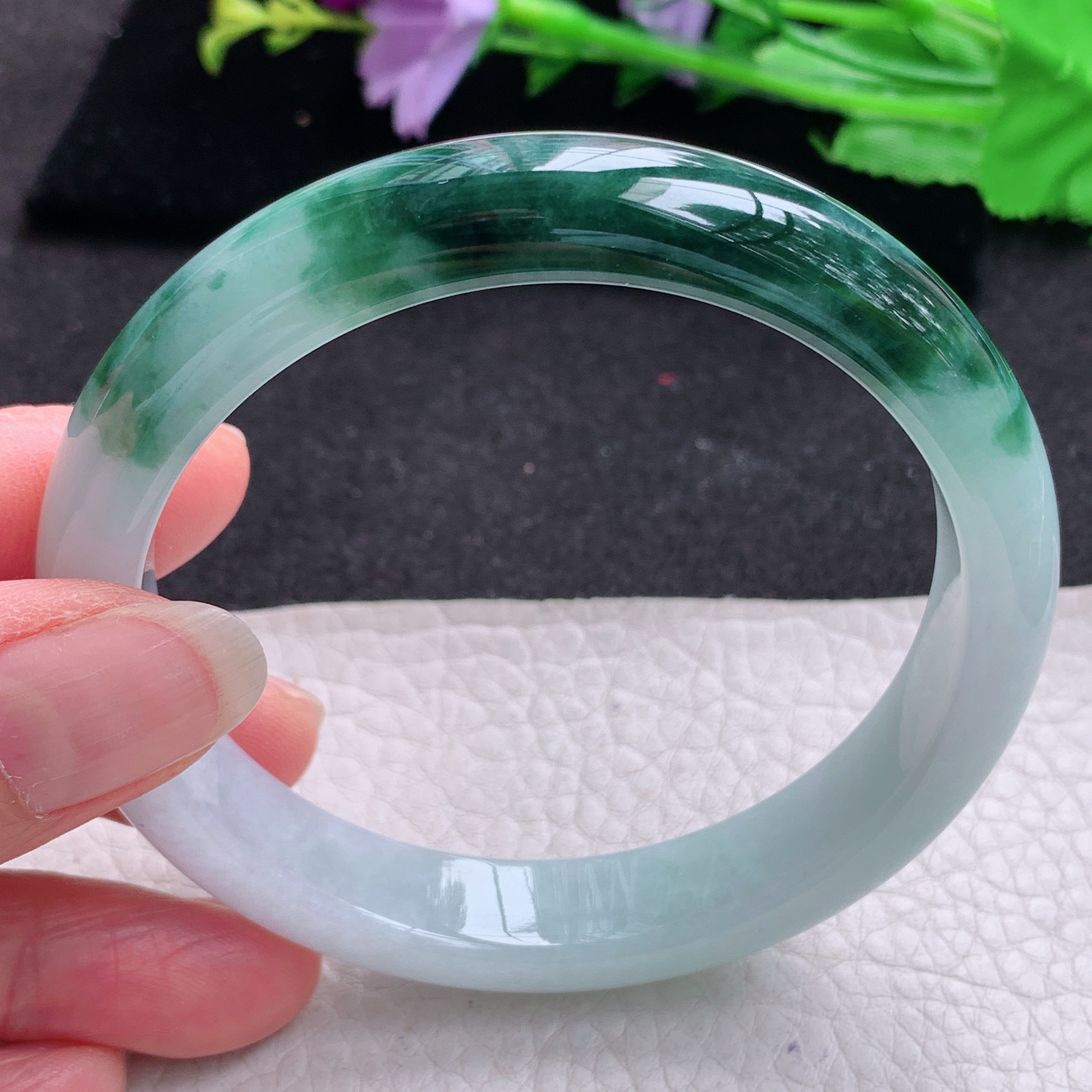 js大圈口60*12*7.8招财镯 天然缅甸翡翠A货玉手镯飘花半山半水宽边玉手环