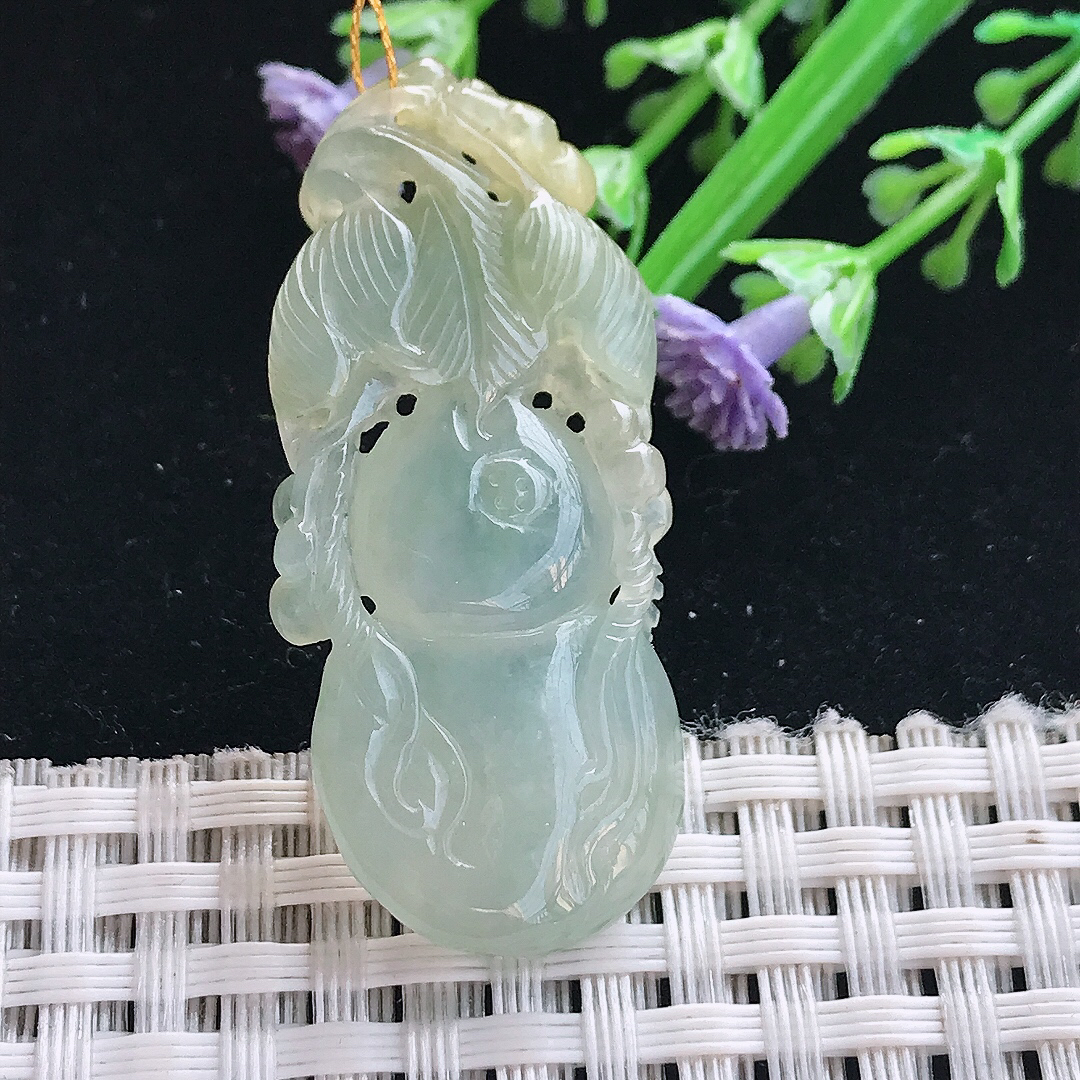 实拍A货翡翠42.8/19.8/6.3老坑冰胶水灵冰黄翡葫芦吊坠翡翠挂件