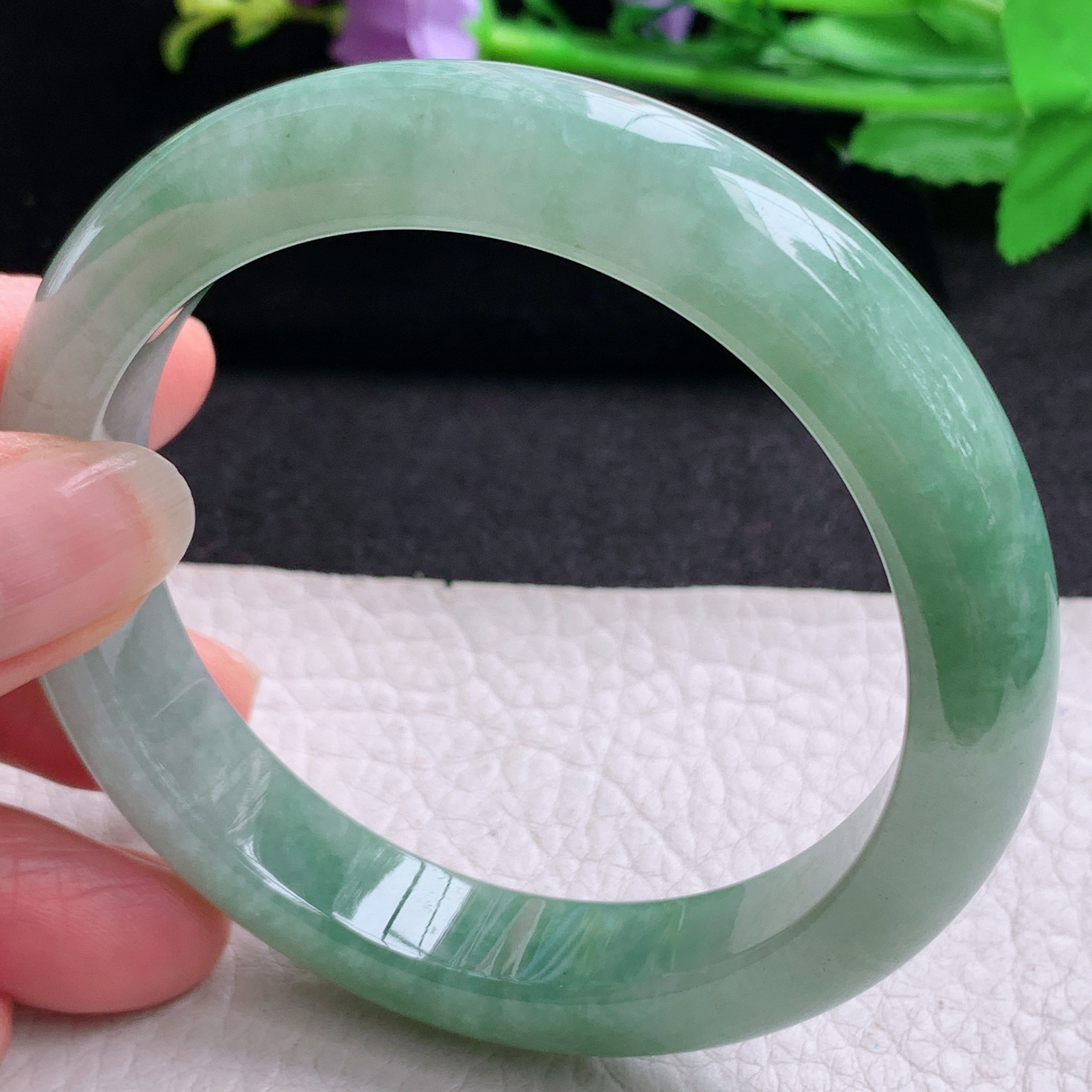 hh实拍58*12*8.7平安镯 天然缅甸翡翠A货玉手镯胶感清新宽边玉手环