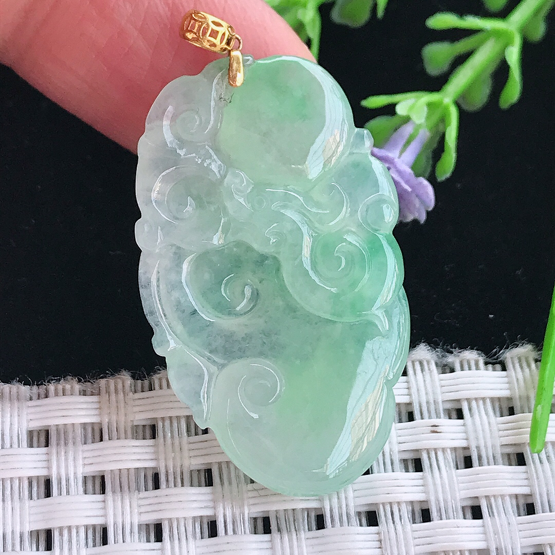 实拍A货翡翠34/20/5老坑18k金镶嵌冰晴绿如意吊坠翡翠挂件