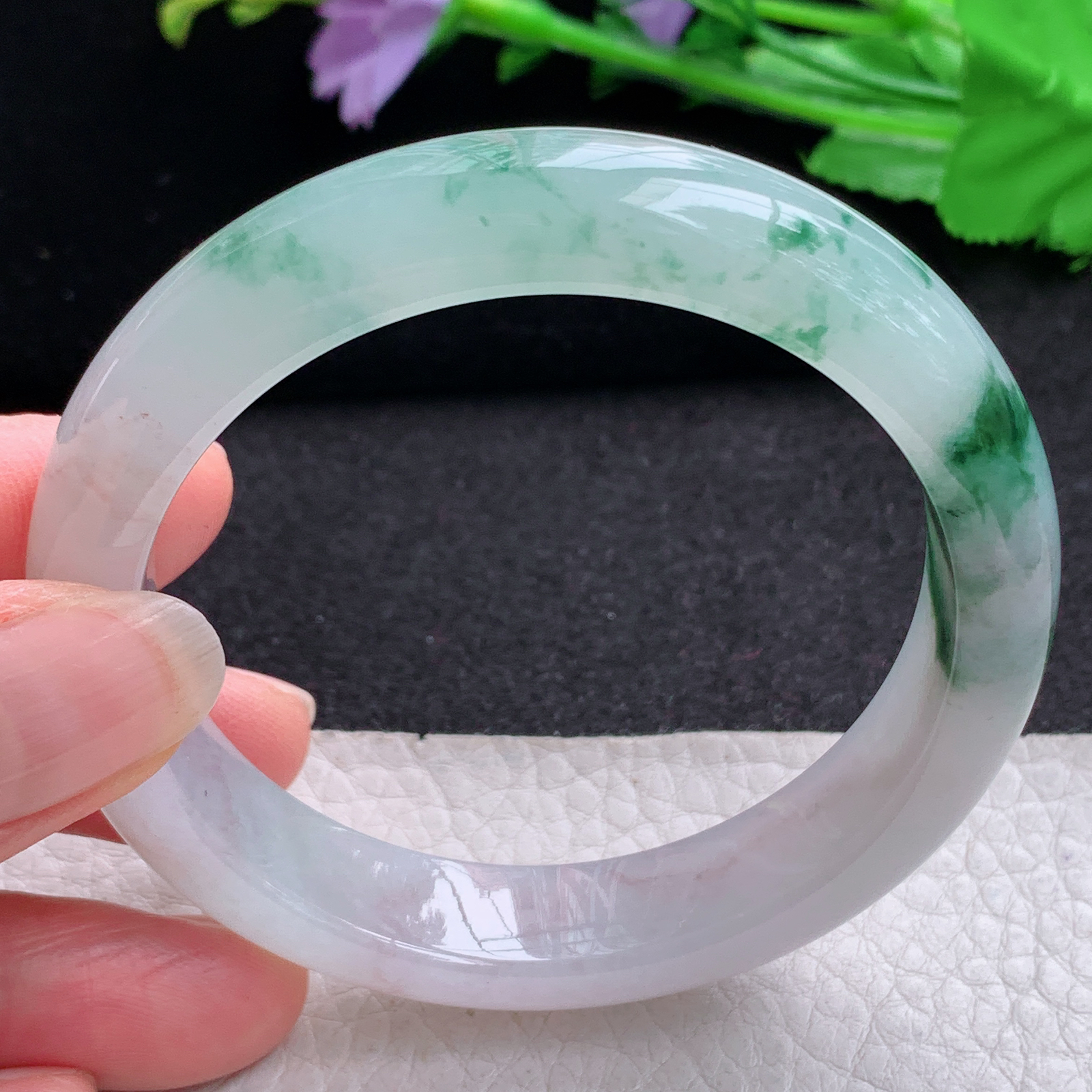 xo实拍56*12.5*8.3平安镯 天然缅甸翡翠A货玉手镯冰飘花宽边玉手环