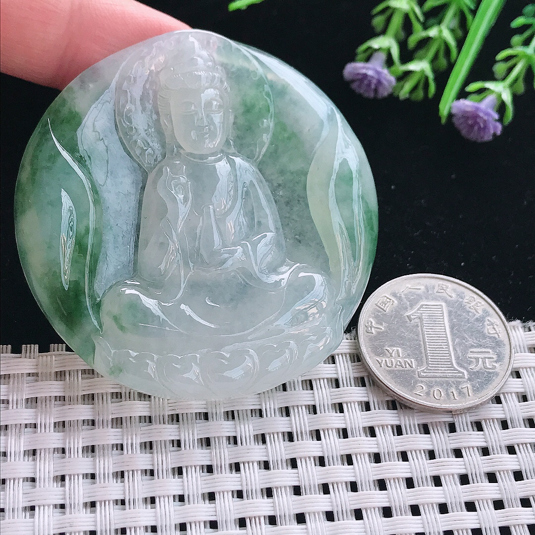 实拍A货翡翠56.3/7.6老坑冰胶果冻飘花素衣观音吊坠翡翠圆牌挂件