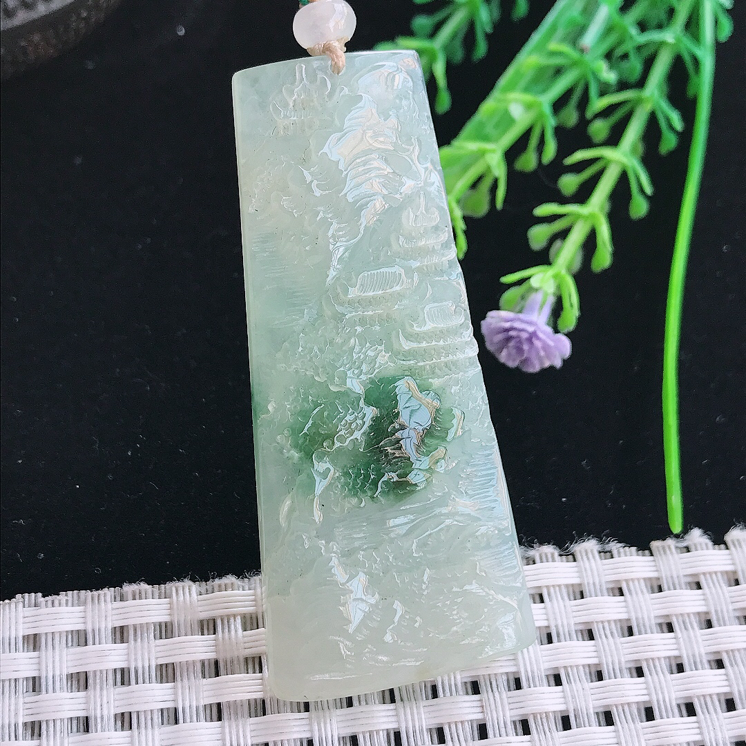 实拍A货翡翠59/26/6老坑冰胶飘花山水牌吊坠翡翠挂件