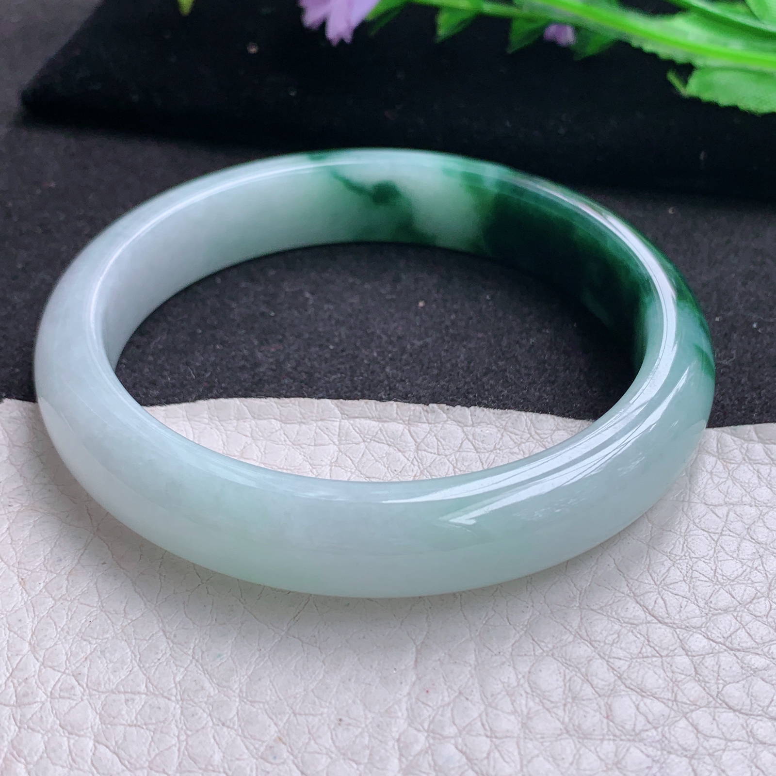 js大圈口60*12*7.8招财镯 天然缅甸翡翠A货玉手镯飘花半山半水宽边玉手环