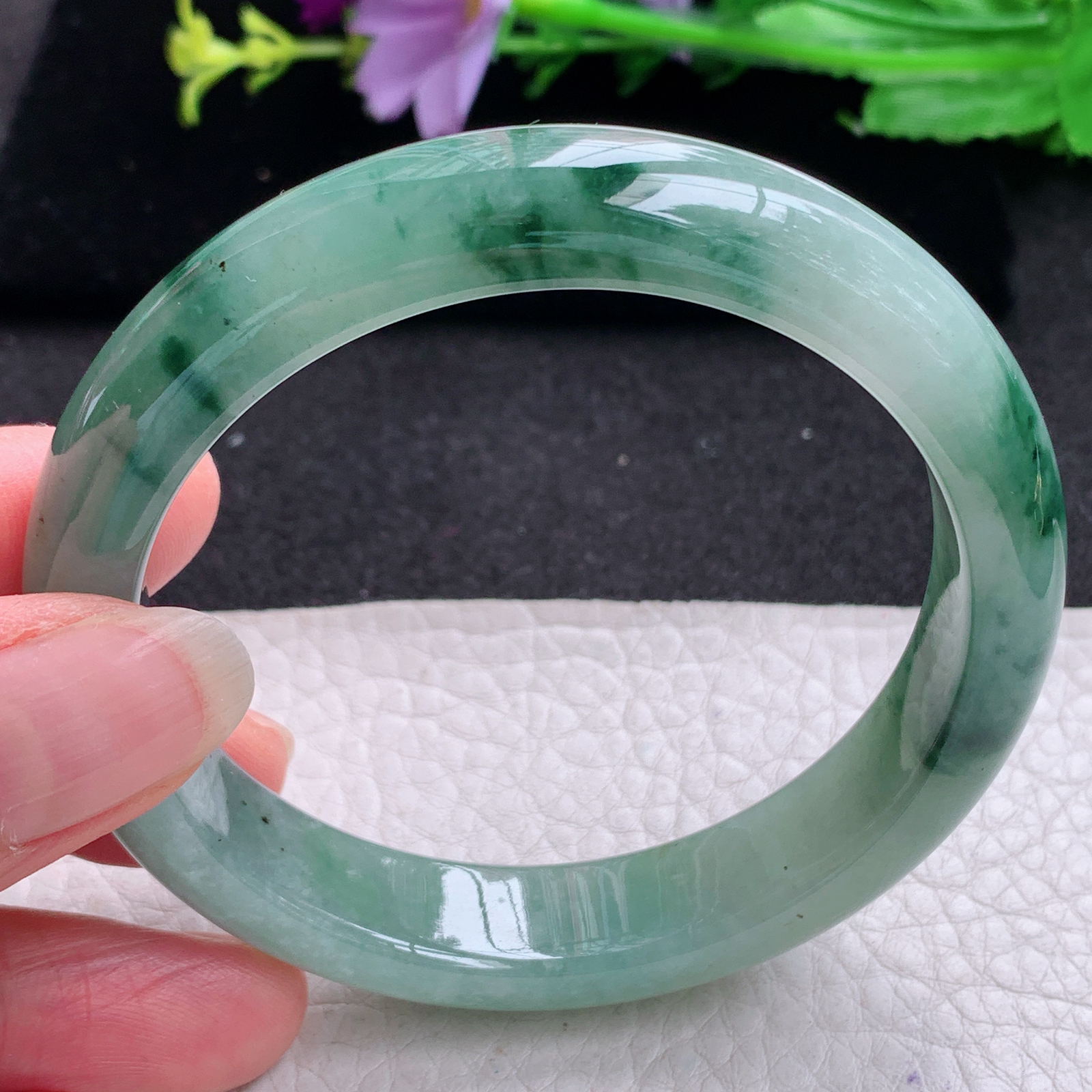 ss实拍57*12*8平安镯 天然缅甸翡翠A货玉手镯胶感飘花宽边玉手环