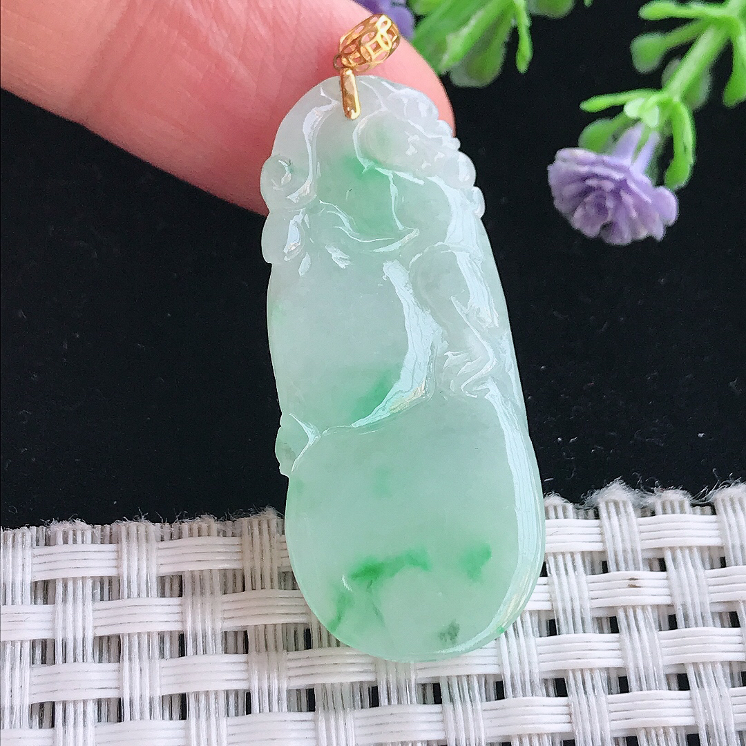 实拍A货翡翠38.5/17.2/5.9老坑18k金镶嵌冰润飘阳绿葫芦吊坠翡翠挂件