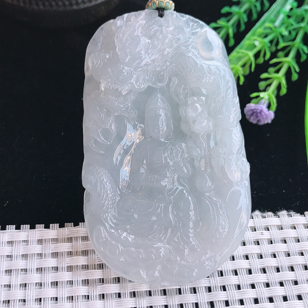 实拍A货翡翠75.5/46.8/11老坑冰胶水灵御龙观音吊坠翡翠挂件