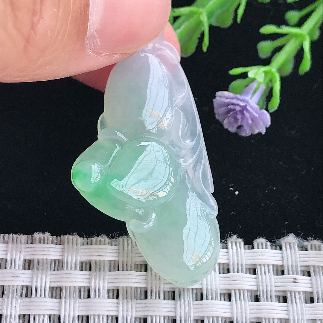 实拍A货翡翠40.3/20.3/6.2老坑冰胶果冻飘绿玉兰花吊坠翡翠挂件