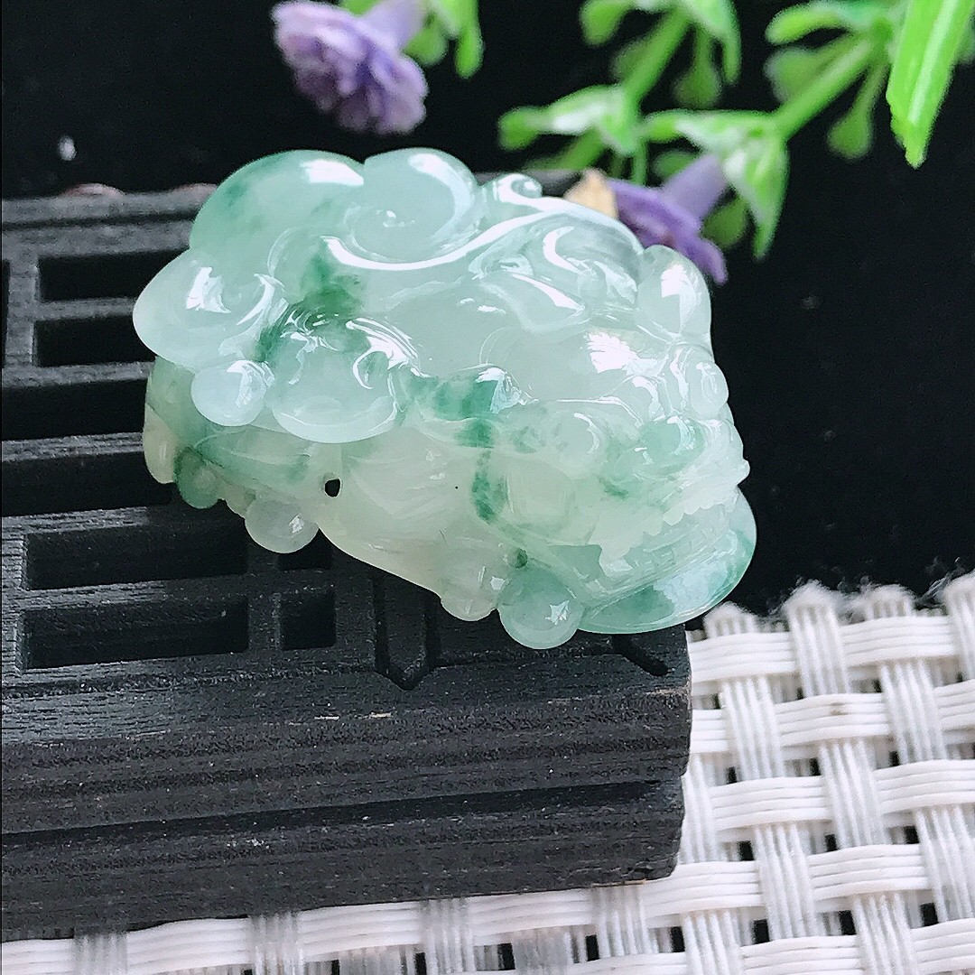 实拍A货翡翠30/18/12.3老坑冰胶水灵飘花貔貅吊坠翡翠挂件