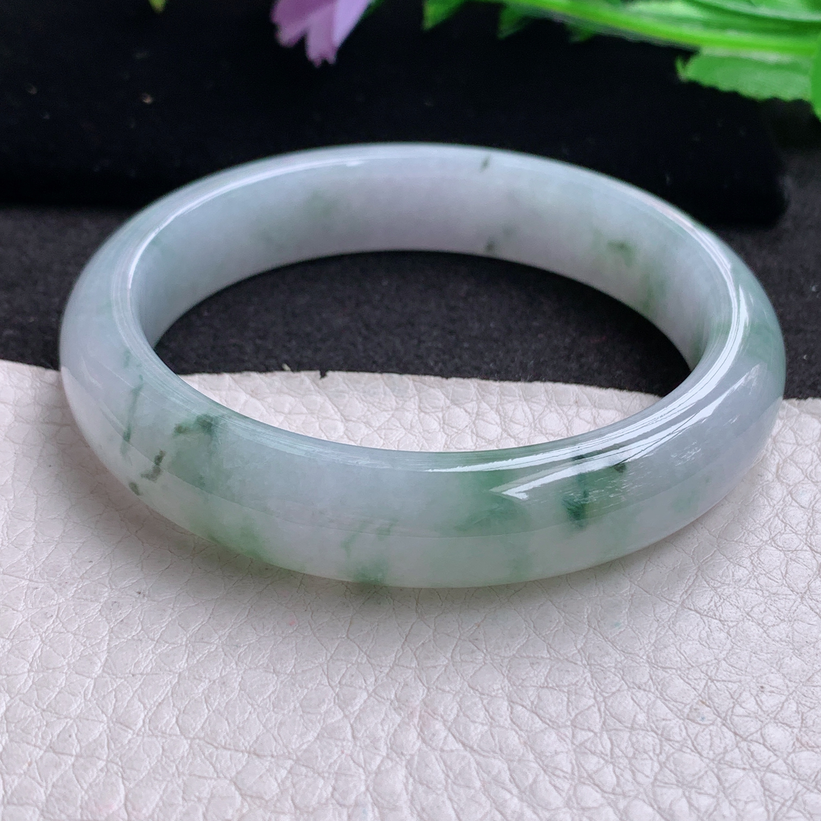 xx实拍58*12.7*8平安镯 天然缅甸翡翠A货玉手镯牛奶底冰飘花宽边玉手环