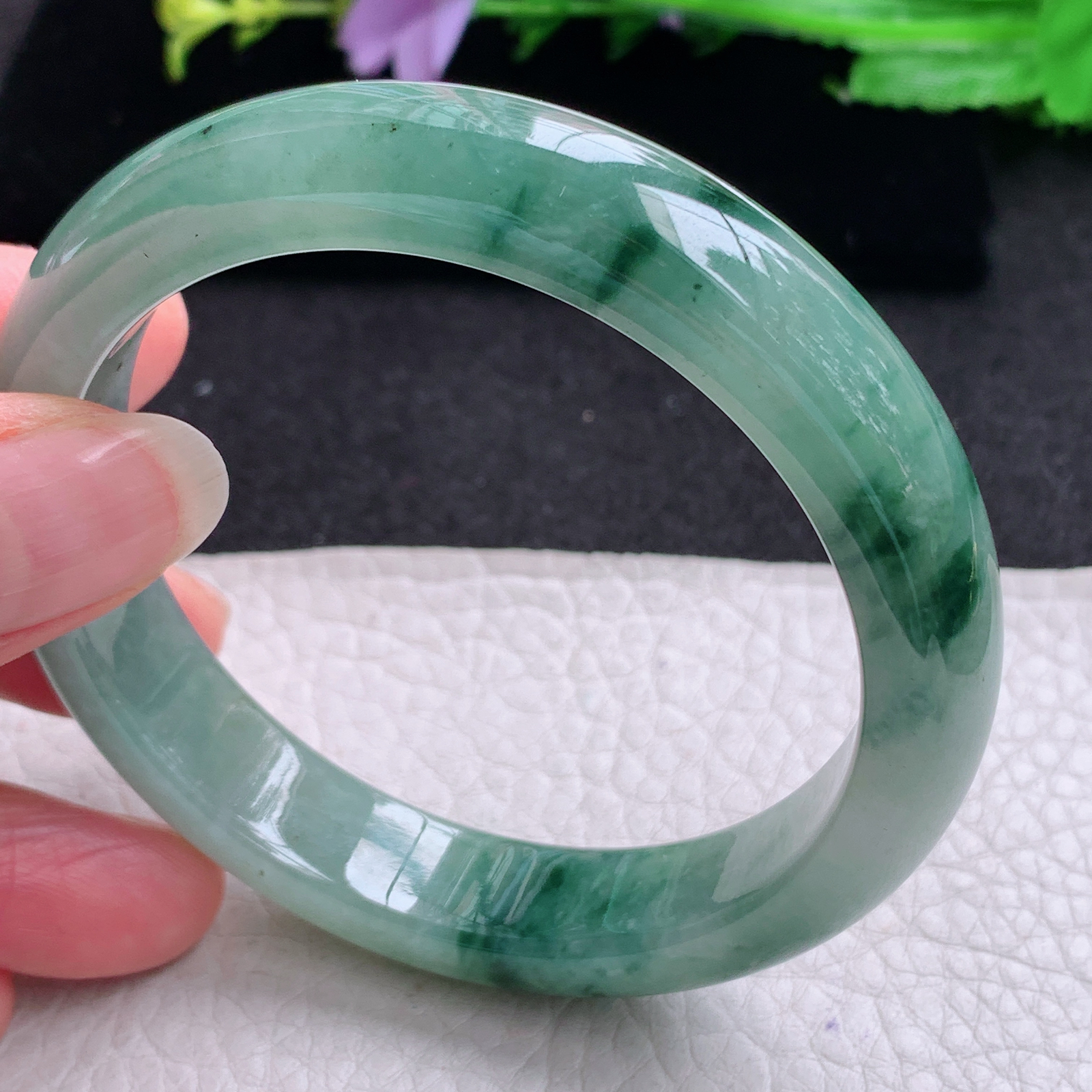 ss实拍57*12*8平安镯 天然缅甸翡翠A货玉手镯胶感飘花宽边玉手环