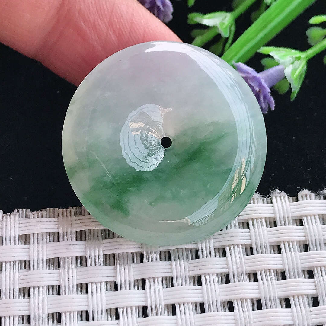 实拍A货翡翠30.6/5.8.老坑冰胶飘花平安扣吊坠翡翠玉扣挂件