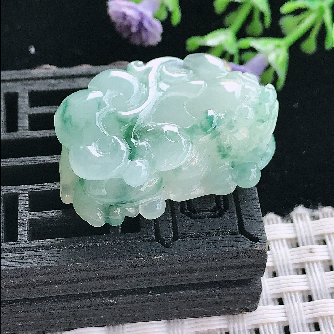 实拍A货翡翠30/18/12.3老坑冰胶水灵飘花貔貅吊坠翡翠挂件