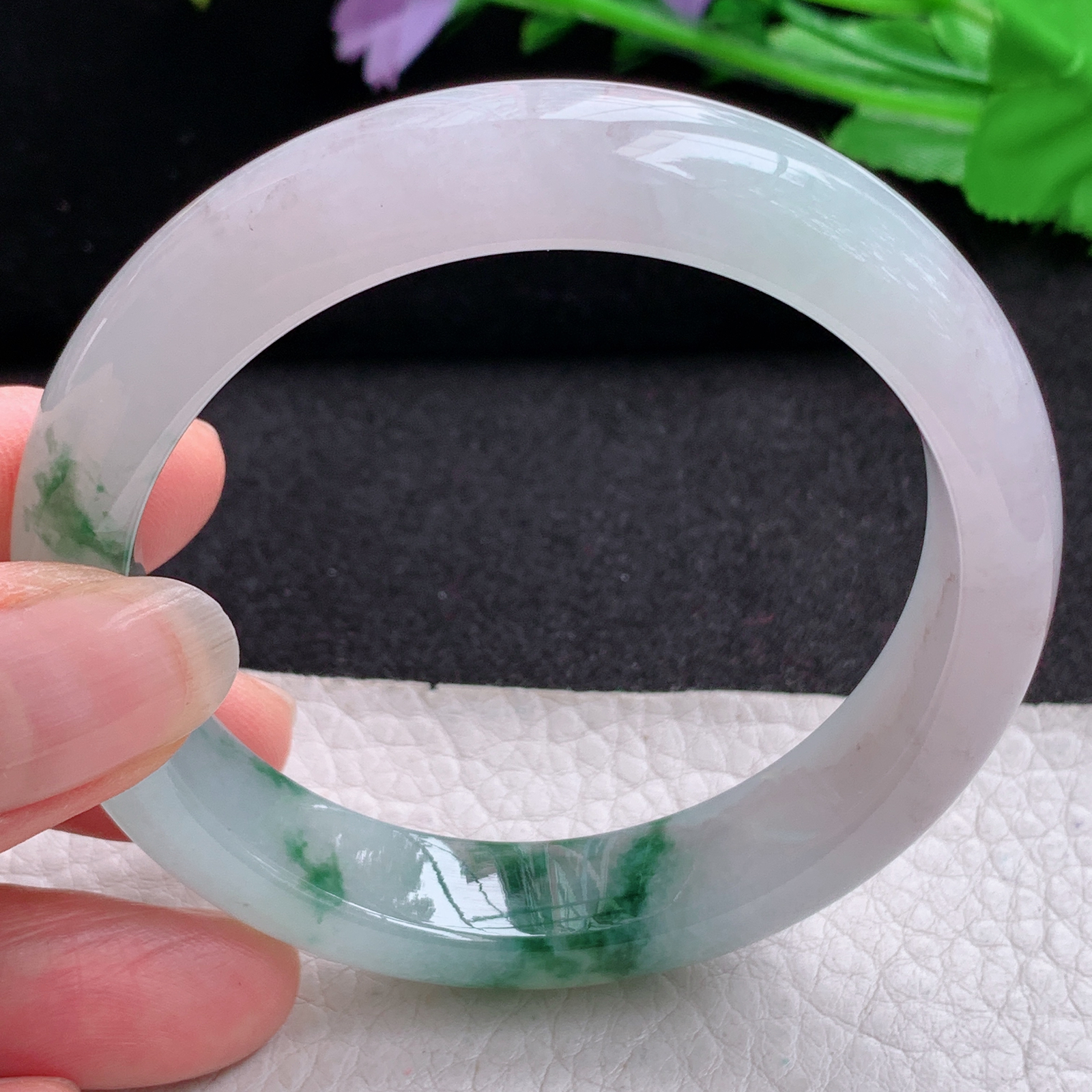 xo实拍56*12.5*8.3平安镯 天然缅甸翡翠A货玉手镯冰飘花宽边玉手环