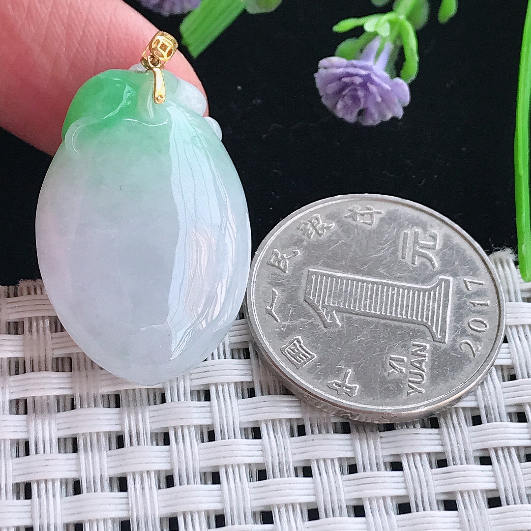 实拍A货翡翠28.8/19.8/8.5老坑18k金镶嵌冰润飘阳绿寿桃吊坠翡翠桃子