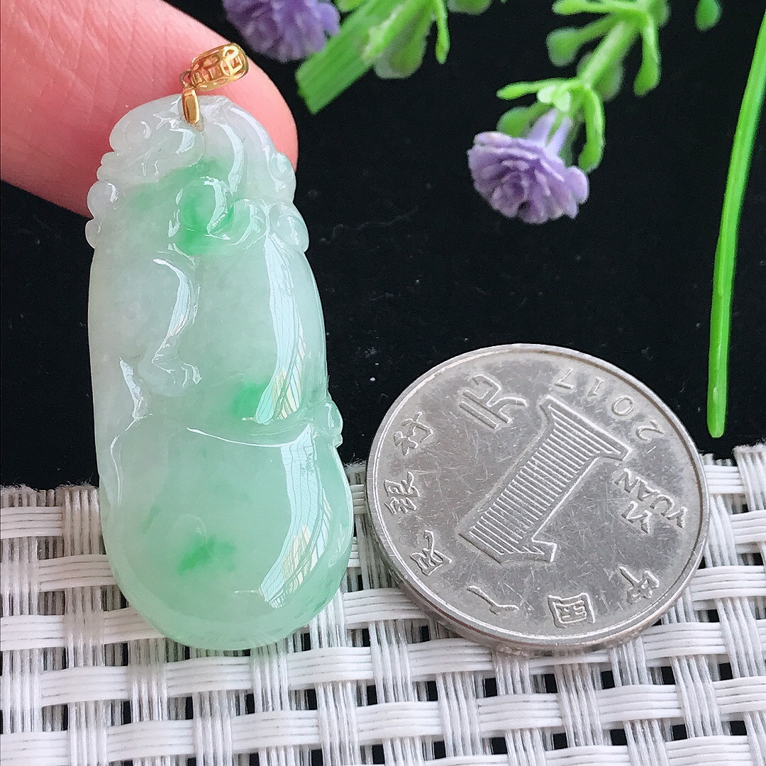 实拍A货翡翠38.5/17.2/5.9老坑18k金镶嵌冰润飘阳绿葫芦吊坠翡翠挂件